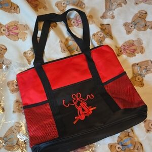 Red and Black Tote Bag with Bow Design